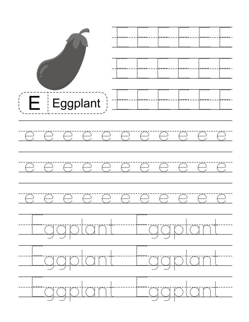 Pode incluir: Uma folha de exerc&iacute;cios educativos em preto e branco para praticar a escrita, com uma ilustra&ccedil;&atilde;o de uma beringela cinzento-escura, a letra E, a palavra Eggplant e v&aacute;rias linhas tracejadas para tra&ccedil;ar a letra e min&uacute;scula e a palavra Eggplant.