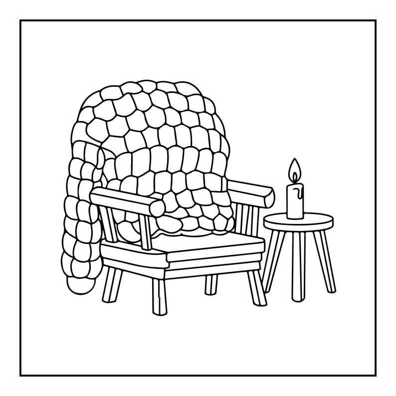 May include: A black and white line drawing of a wooden chair draped with a thick, chunky knit blanket. Beside the chair stands a small, round side table featuring a single lit candle with a visible flame, rendered in a simple, clean graphic style.