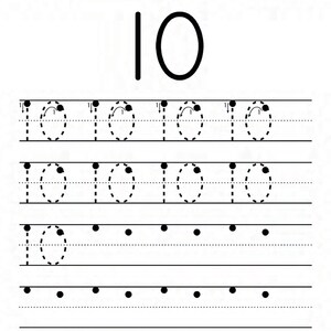 Peut inclure: Une feuille d'exercices &eacute;ducative en noir et blanc intitul&eacute;e Name et Number Tracing The Number 10. La page pr&eacute;sente un grand chiffre 10 en haut, suivi de lignes de chiffres 10 en pointill&eacute;s avec des fl&egrave;ches directionnelles pour l'&eacute;criture.
