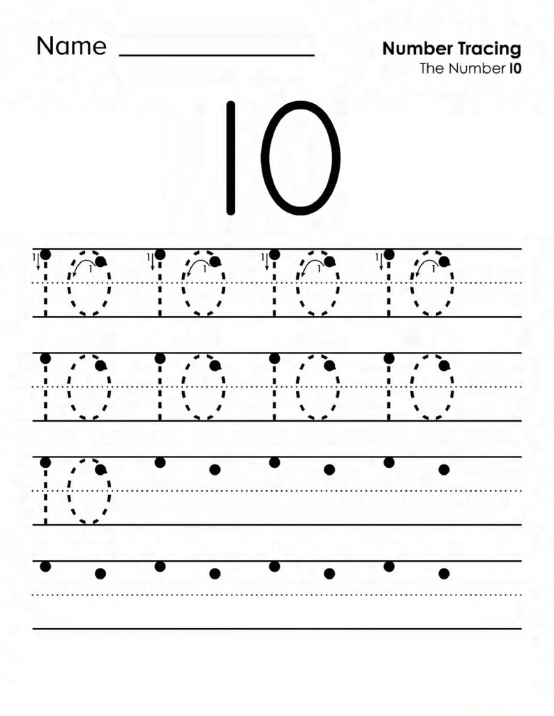 Peut inclure: Une feuille d'exercices &eacute;ducative en noir et blanc intitul&eacute;e Name et Number Tracing The Number 10. La page pr&eacute;sente un grand chiffre 10 en haut, suivi de lignes de chiffres 10 en pointill&eacute;s avec des fl&egrave;ches directionnelles pour l'&eacute;criture.