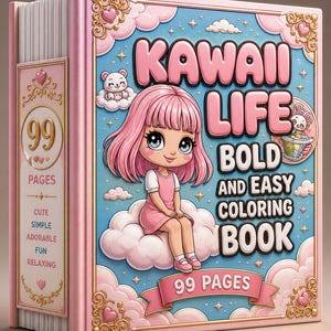 以下が含まれることがあります： 99ページのハードカバー塗り絵「Kawaii Life Bold and Easy Coloring Book」。表紙には、ピンクの雲、星、ハートが描かれた青い空を背景に、雲の上に座るピンク色の髪のキャラクターが描かれており、金色の装飾的な枠で囲まれています。