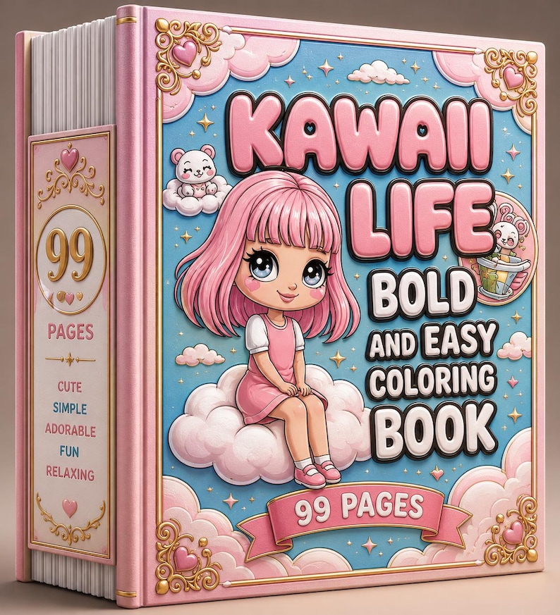 以下が含まれることがあります： 99ページのハードカバー塗り絵「Kawaii Life Bold and Easy Coloring Book」。表紙には、ピンクの雲、星、ハートが描かれた青い空を背景に、雲の上に座るピンク色の髪のキャラクターが描かれており、金色の装飾的な枠で囲まれています。