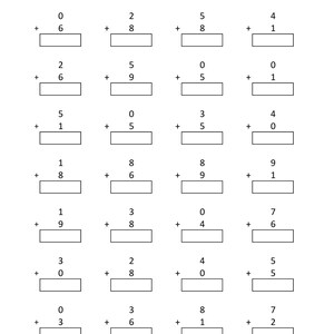 May include: A black and white educational worksheet titled Math - Addition Single Digit. The page features seven rows of four vertical addition problems, each consisting of two single-digit numbers and a blank rectangular box for the answer.