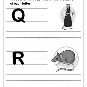 May include: A black and white educational worksheet featuring the letters Q and R with directional arrows for tracing. The letter Q is accompanied by an illustration of a queen, and the letter R is accompanied by an illustration of a rat.