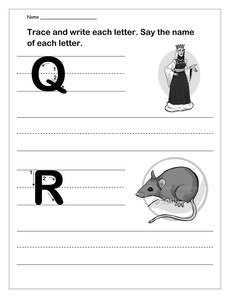 May include: A black and white educational worksheet featuring the letters Q and R with directional arrows for tracing. The letter Q is accompanied by an illustration of a queen, and the letter R is accompanied by an illustration of a rat.