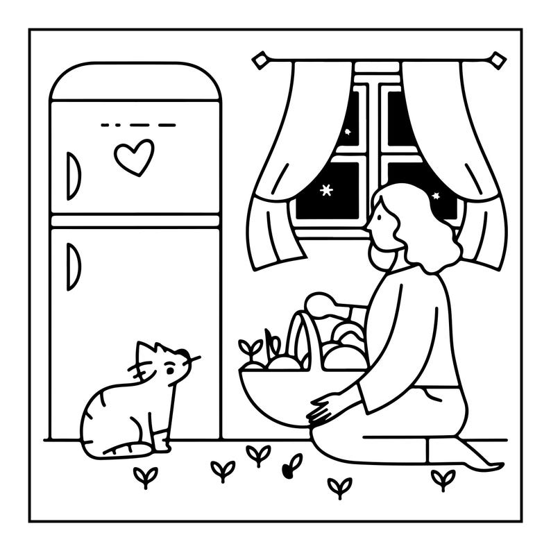 K&ouml;nnte beinhalten: Eine schwarz-wei&szlig;e Strichzeichnung, die eine Person zeigt, die mit einem Korb voller Produkte auf dem Boden kniet, eine Katze in der N&auml;he, einen K&uuml;hlschrank mit einem Herzsymbol und ein Fenster mit Vorh&auml;ngen, das einen n&auml;chtlichen Sternenhimmel zeigt.
