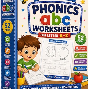 Op de afbeelding: Een Phonics ABC werkboek voor letters A-Z met 52 pagina's. De kaft toont een cartoonkind dat de letter a op een werkblad schrijft met een potlood. De tekst bevat Learn, Trace, Color, Read, Preschool, Kindergarten en Homeschool.