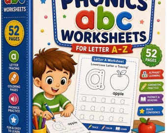 Folhas de exercícios de fonética do alfabeto de A a Z – Traçado de letras, livro de colorir (52 páginas para imprimir)