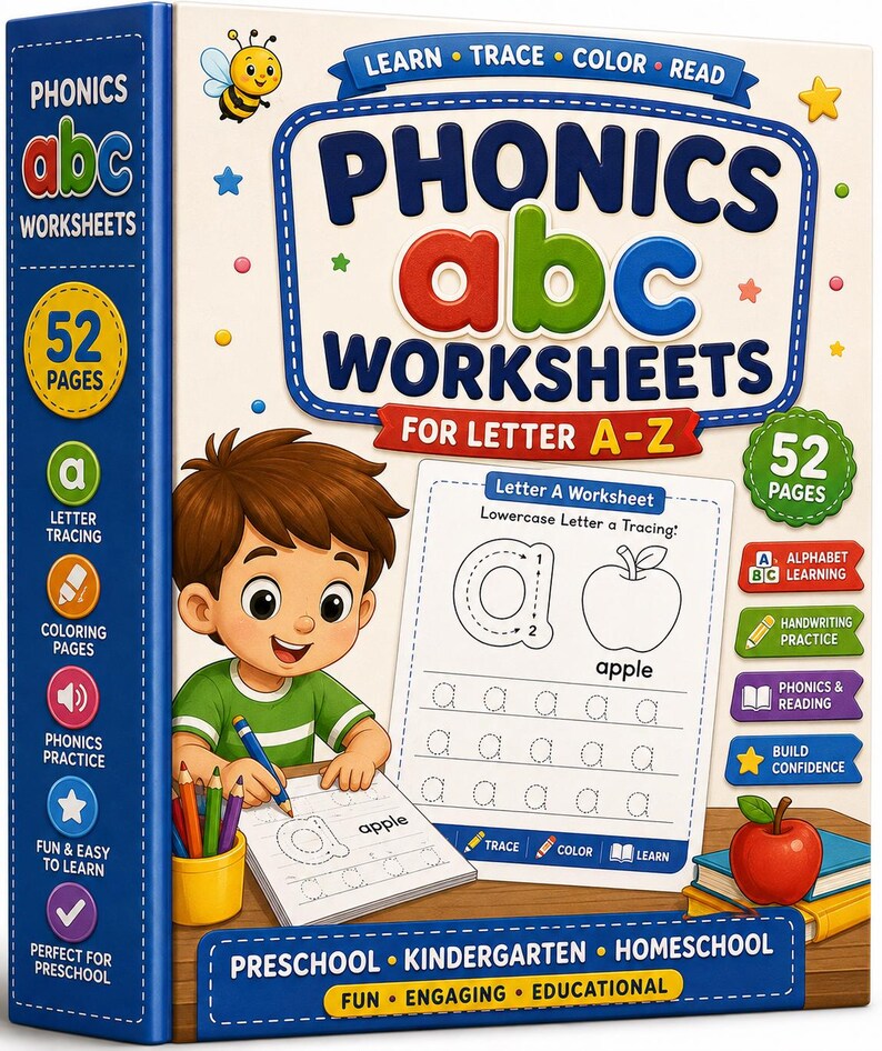 Op de afbeelding: Een Phonics ABC werkboek voor letters A-Z met 52 pagina's. De kaft toont een cartoonkind dat de letter a op een werkblad schrijft met een potlood. De tekst bevat Learn, Trace, Color, Read, Preschool, Kindergarten en Homeschool.