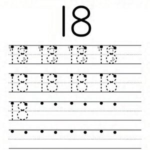 Peut inclure: Une feuille d'exercices &eacute;ducative en noir et blanc pour le tra&ccedil;age des chiffres avec le texte Name, Number Tracing et The Number 18. La page pr&eacute;sente un grand chiffre 18 en haut, suivi de lignes de chiffres 18 en pointill&eacute;s avec des fl&egrave;ches.