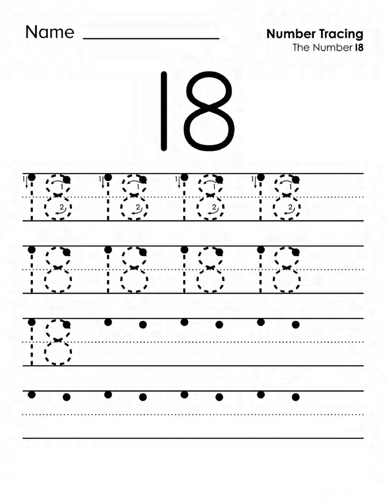 Peut inclure: Une feuille d'exercices &eacute;ducative en noir et blanc pour le tra&ccedil;age des chiffres avec le texte Name, Number Tracing et The Number 18. La page pr&eacute;sente un grand chiffre 18 en haut, suivi de lignes de chiffres 18 en pointill&eacute;s avec des fl&egrave;ches.