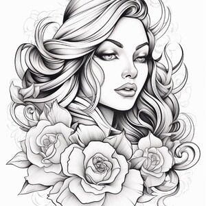 May include: A black and white line art illustration featuring a portrait of a person with long, flowing, wavy hair. The figure is framed by three large, detailed rose blossoms at the base, with subtle, faint floral outlines in the background.