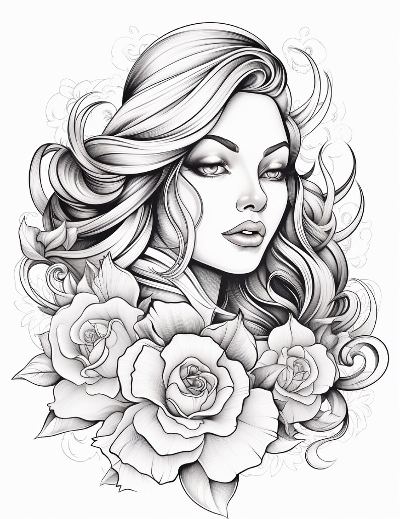May include: A black and white line art illustration featuring a portrait of a person with long, flowing, wavy hair. The figure is framed by three large, detailed rose blossoms at the base, with subtle, faint floral outlines in the background.