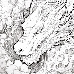 May include: A black and white line art illustration featuring a detailed dragon head with flowing mane and scales, surrounded by numerous five-petaled flowers and swirling water-like patterns, rendered in a clean, high-contrast graphic style.