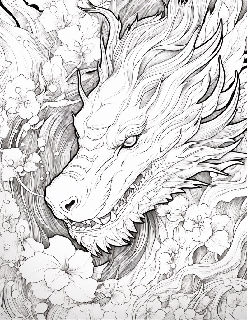May include: A black and white line art illustration featuring a detailed dragon head with flowing mane and scales, surrounded by numerous five-petaled flowers and swirling water-like patterns, rendered in a clean, high-contrast graphic style.