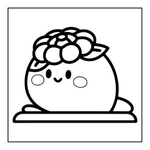 May include: A black and white line art illustration of a round, blob-like character with a smiling face, rosy cheeks, and a large flower resting on its head. The character is positioned on a flat, horizontal base within a square frame.