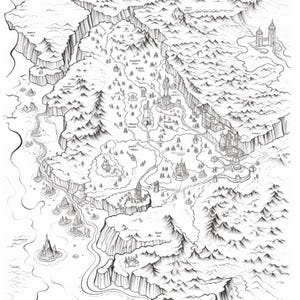 Pode incluir: Uma ilustra&ccedil;&atilde;o a tinta preta e branca de um mapa de fantasia com cadeias de montanhas irregulares, desfiladeiros profundos, rios sinuosos e v&aacute;rias estruturas arquitet&oacute;nicas, incluindo torres e castelos. O mapa retrata um terreno diversificado.