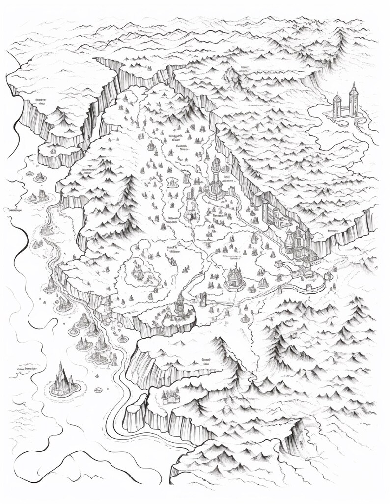 Pode incluir: Uma ilustra&ccedil;&atilde;o a tinta preta e branca de um mapa de fantasia com cadeias de montanhas irregulares, desfiladeiros profundos, rios sinuosos e v&aacute;rias estruturas arquitet&oacute;nicas, incluindo torres e castelos. O mapa retrata um terreno diversificado.