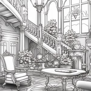 Puede incluir: Una ilustraci&oacute;n de arte lineal en blanco y negro de un gran espacio interior que cuenta con una escalera, una gran l&aacute;mpara de ara&ntilde;a, un sill&oacute;n y una mesa central. Hay plantas en macetas por toda la habitaci&oacute;n y una chimenea cerca de una ventana.