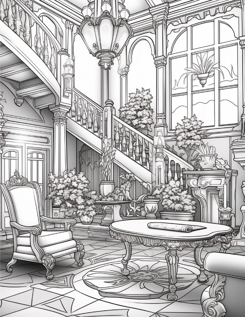 Puede incluir: Una ilustraci&oacute;n de arte lineal en blanco y negro de un gran espacio interior que cuenta con una escalera, una gran l&aacute;mpara de ara&ntilde;a, un sill&oacute;n y una mesa central. Hay plantas en macetas por toda la habitaci&oacute;n y una chimenea cerca de una ventana.