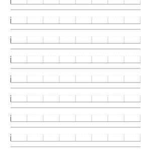 May include: A white practice worksheet featuring nine rows of horizontal lines for handwriting. Each row contains a single lowercase letter i printed on the left side, followed by a series of empty rectangular boxes outlined with dashed lines.