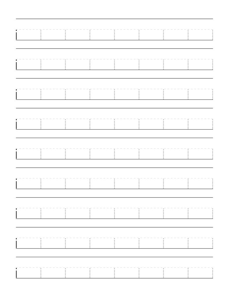 May include: A white practice worksheet featuring nine rows of horizontal lines for handwriting. Each row contains a single lowercase letter i printed on the left side, followed by a series of empty rectangular boxes outlined with dashed lines.
