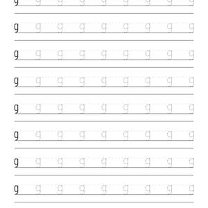 May include: A white educational worksheet featuring nine horizontal rows of black text. Each row begins with a solid lowercase letter g, followed by eight dotted-line versions of the same letter, designed for handwriting practice and letter tracing.