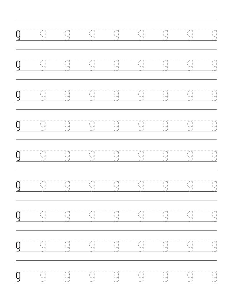 May include: A white educational worksheet featuring nine horizontal rows of black text. Each row begins with a solid lowercase letter g, followed by eight dotted-line versions of the same letter, designed for handwriting practice and letter tracing.