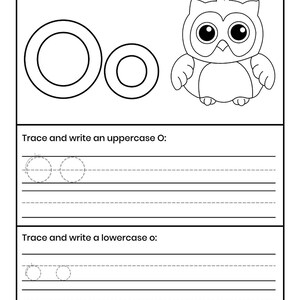Pu&ograve; includere: Una scheda didattica in bianco e nero con il testo Color the letter Oo and an Owl, un'illustrazione di un gufo, la lettera O maiuscola e minuscola e linee per tracciare e scrivere la lettera O in entrambi i casi.