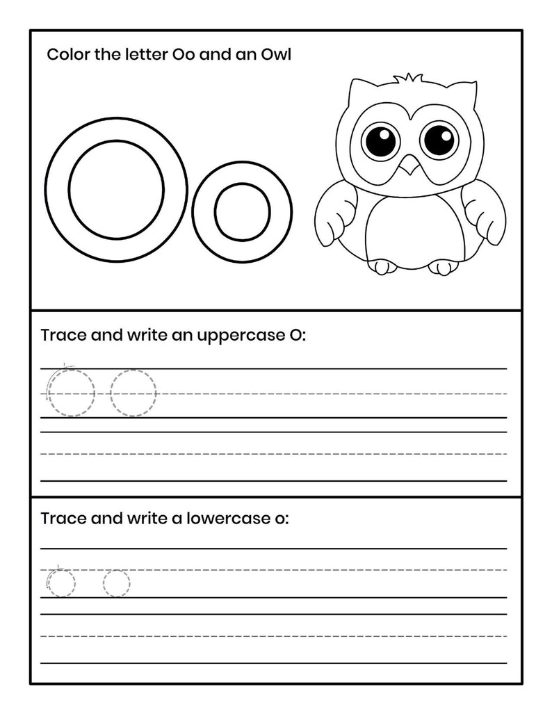 Pu&ograve; includere: Una scheda didattica in bianco e nero con il testo Color the letter Oo and an Owl, un'illustrazione di un gufo, la lettera O maiuscola e minuscola e linee per tracciare e scrivere la lettera O in entrambi i casi.