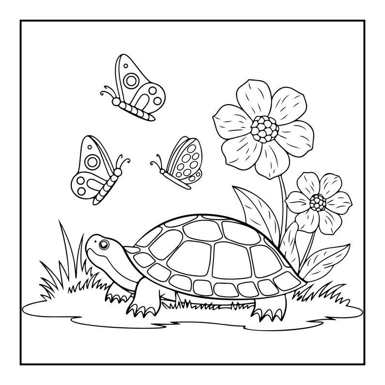 A line drawing of a turtle walking in grass with three butterflies flying above two flowers.