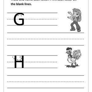 May include: A black and white educational worksheet featuring the letters G and H with directional arrows for tracing. The page includes a line for a name, the text Trace and name each letter. Print each letter on the blank lines, a cartoon girl, and a rooster.