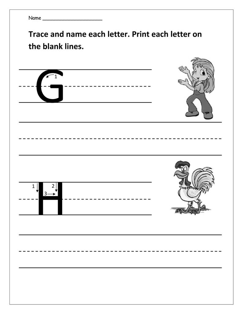 May include: A black and white educational worksheet featuring the letters G and H with directional arrows for tracing. The page includes a line for a name, the text Trace and name each letter. Print each letter on the blank lines, a cartoon girl, and a rooster.