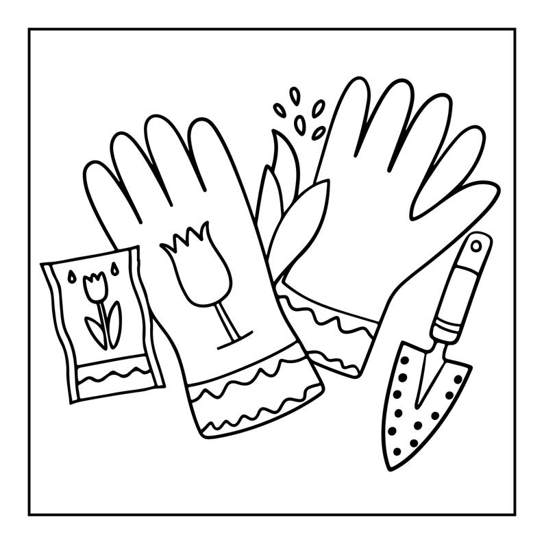 May include: A black and white line art illustration featuring a pair of gardening gloves with a tulip graphic, a small packet of seeds also marked with a tulip, and a handheld garden trowel with a dotted pattern on the blade.