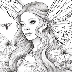 May include: A black and white line art illustration of a fairy with long wavy hair and large wings. The figure is surrounded by detailed floral elements and leaves, with a small moth flying on the left side. The character wears a decorative collar.