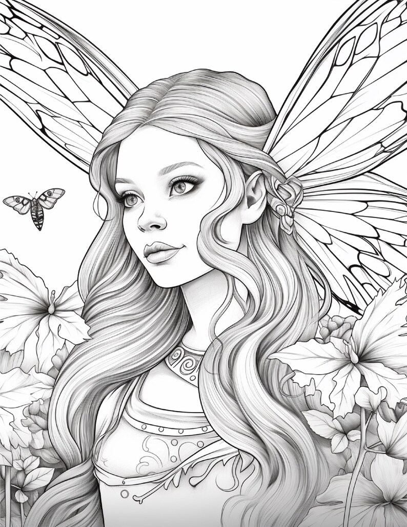 May include: A black and white line art illustration of a fairy with long wavy hair and large wings. The figure is surrounded by detailed floral elements and leaves, with a small moth flying on the left side. The character wears a decorative collar.