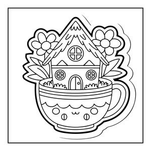 A line art coloring page displays a small house with a peaked roof and windows, sitting inside a teacup with a smiling face, surrounded by flowers.