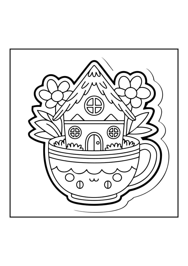 A line art coloring page displays a small house with a peaked roof and windows, sitting inside a teacup with a smiling face, surrounded by flowers.