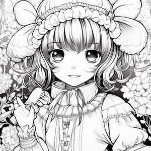 May include: A black and white line art illustration of a character with large eyes and wavy hair wearing a ruffled bonnet and a high-collared blouse with a front lace-up detail. The character is surrounded by a dense background of detailed flowers.