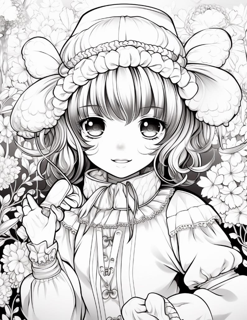 May include: A black and white line art illustration of a character with large eyes and wavy hair wearing a ruffled bonnet and a high-collared blouse with a front lace-up detail. The character is surrounded by a dense background of detailed flowers.