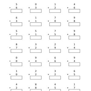 May include: A black and white educational worksheet titled Math - Addition Single Digit, featuring seven rows of four vertical addition problems. Each problem consists of two single-digit numbers stacked with a plus sign and an empty rectangular box.