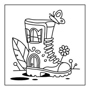 May include: A black and white line art illustration of a boot shaped like a house, featuring a small arched door at the base, a window on the side, and laces up the front. A butterfly rests on the top edge, with a flower and leaf nearby.