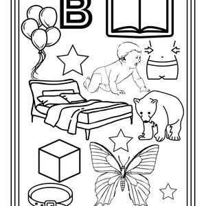 Puede incluir: Una p&aacute;gina para colorear en blanco y negro con la letra B, un libro, globos, un beb&eacute;, una cama, un oso, una caja, un cintur&oacute;n y una mariposa. La p&aacute;gina incluye varias formas de estrellas y el n&uacute;mero 4 en la parte inferior, en estilo lineal.