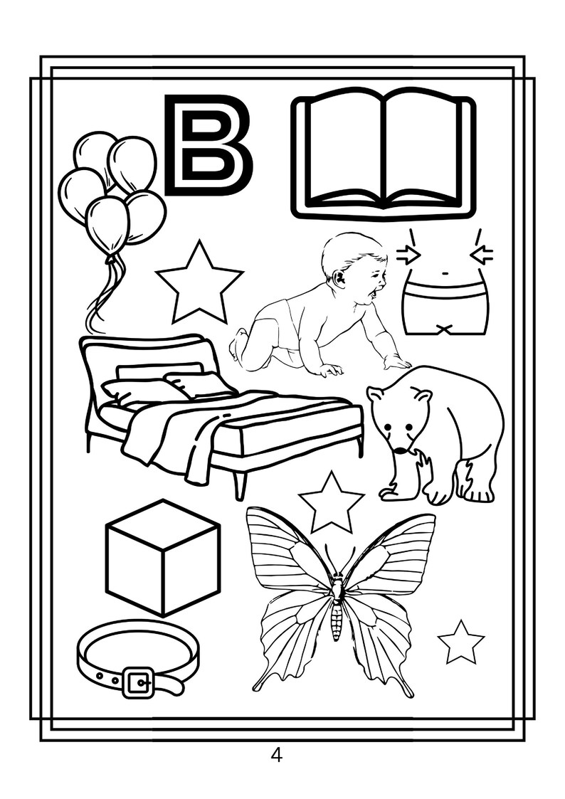 Puede incluir: Una p&aacute;gina para colorear en blanco y negro con la letra B, un libro, globos, un beb&eacute;, una cama, un oso, una caja, un cintur&oacute;n y una mariposa. La p&aacute;gina incluye varias formas de estrellas y el n&uacute;mero 4 en la parte inferior, en estilo lineal.