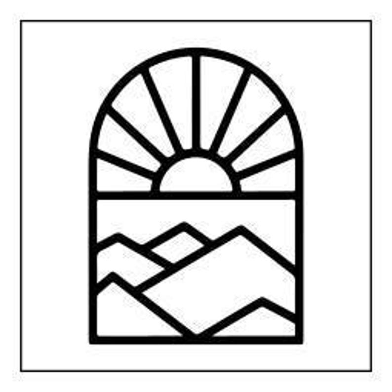 A line drawing of a sun rising over mountains, framed by an arched window.