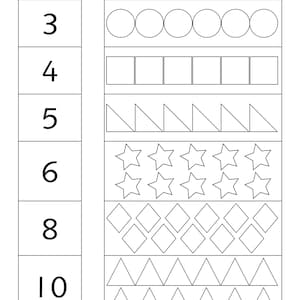 Pu&ograve; includere: Una scheda didattica in bianco e nero intitolata Count and Colour! con file di cerchi, quadrati, triangoli rettangoli, stelle, rombi e triangoli. La colonna di sinistra elenca i numeri 3, 4, 5, 6, 8 e 10 per gli esercizi di conteggio.