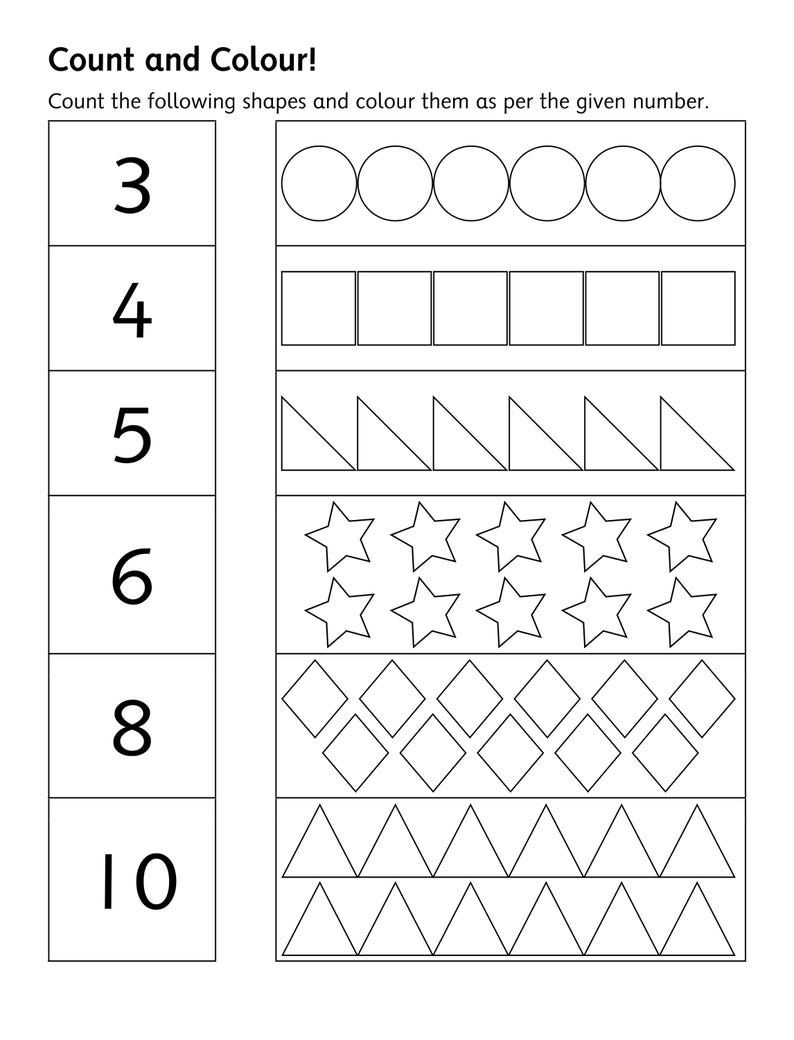 Pu&ograve; includere: Una scheda didattica in bianco e nero intitolata Count and Colour! con file di cerchi, quadrati, triangoli rettangoli, stelle, rombi e triangoli. La colonna di sinistra elenca i numeri 3, 4, 5, 6, 8 e 10 per gli esercizi di conteggio.