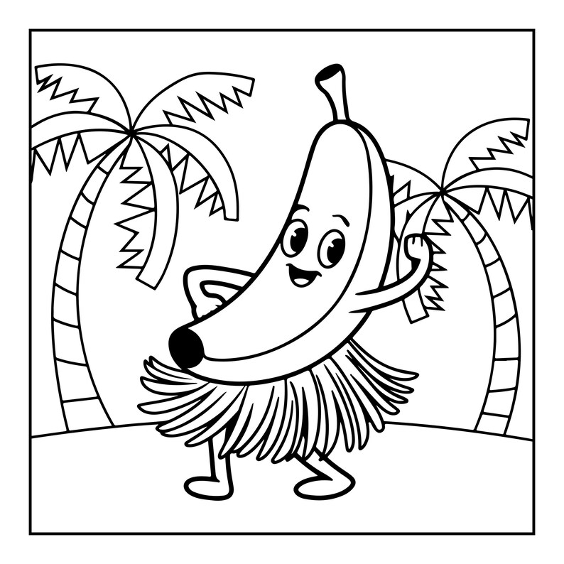 K&ouml;nnte beinhalten: Eine schwarz-wei&szlig;e Strichzeichnung einer l&auml;chelnden Bananenfigur, die einen Bastrock tr&auml;gt. Die Banane hat Arme und Beine und steht vor zwei Palmen. Die Zeichnung ist als Ausmalbild f&uuml;r kreative Aktivit&auml;ten gestaltet und klar konturiert.