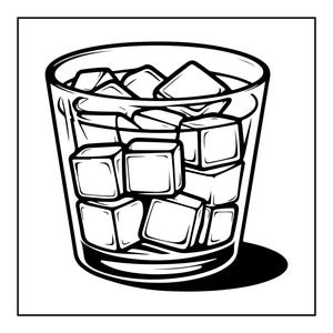Op de afbeelding: Een zwart-witte lijntekening van een kort, breed glas gevuld met meerdere vierkante ijsblokjes. De tekening is voorzien van dikke omlijningen en contrastrijke schaduwen om de vorm van het glas en de geometrische ijsblokjes erin te defini&euml;ren.