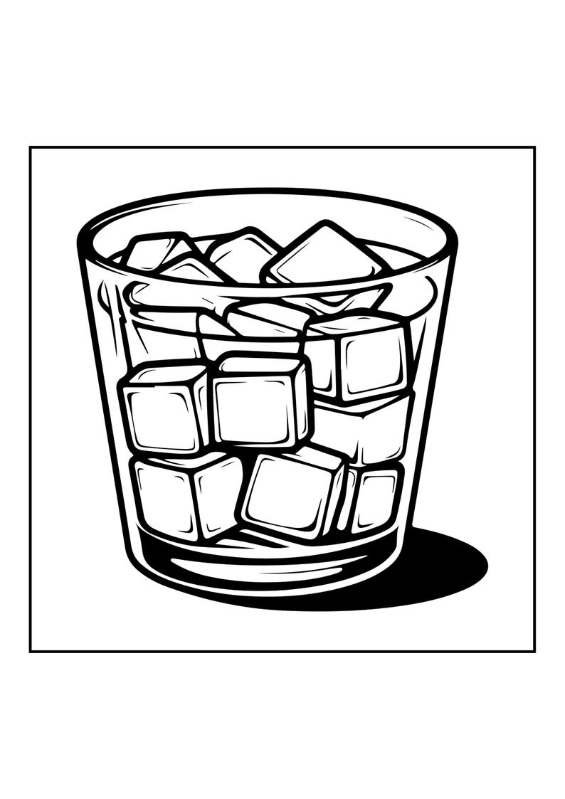 Op de afbeelding: Een zwart-witte lijntekening van een kort, breed glas gevuld met meerdere vierkante ijsblokjes. De tekening is voorzien van dikke omlijningen en contrastrijke schaduwen om de vorm van het glas en de geometrische ijsblokjes erin te defini&euml;ren.